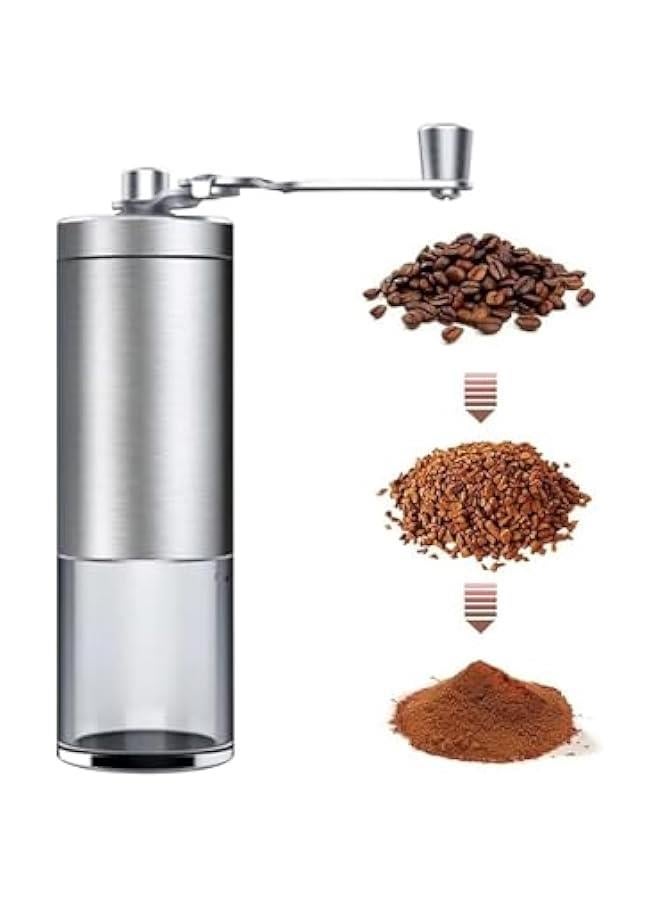 HOOKOR Manual coffee bean grinder with stainless steel burrs, portable stainless steel folding handle coffee bean grinder, transparent powder bin,Silver - Image 1
