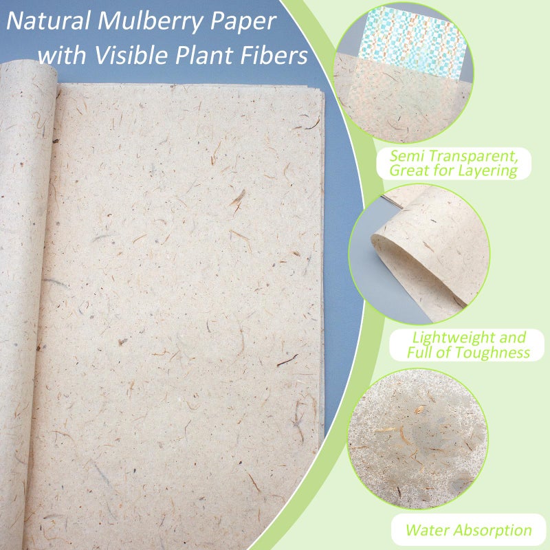 Benvo 50 Sheets A4 Natural Mulberry Paper Visible Leaves Fiber Rice Paper Printable Decoupage Tissue Paper Sheets for Writing, Painting, Card Making, DIY Crafts(8.3x11.7in, Semi Transparent Jute) - Image 3