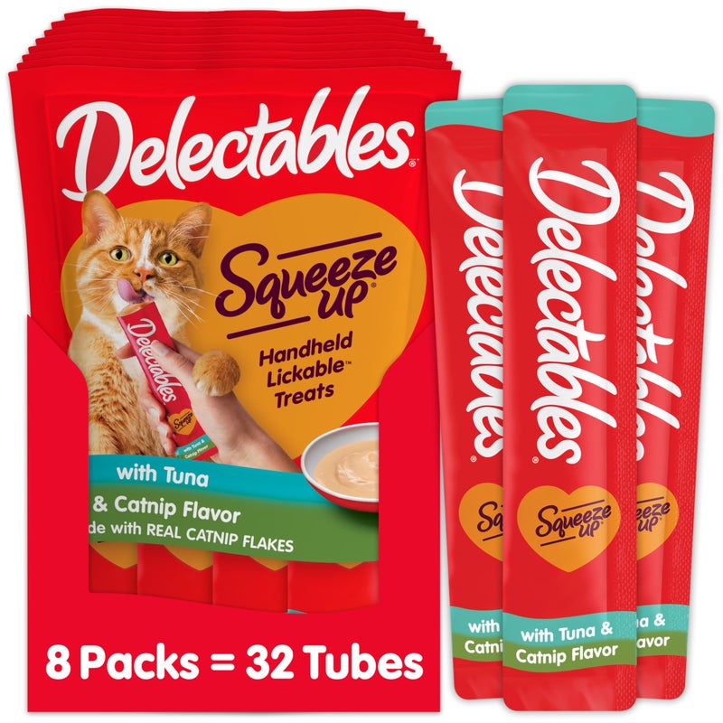Hartz Delectables Squeeze Up Creamy Squeezable Puree, Lickable Wet Cat Treats, Grain Free, No Added Fillers, No by-Products, No Added Preservatives, 0.5 Ounces Tube Tuna with Catnip, 32 Tubes Total - Image 1