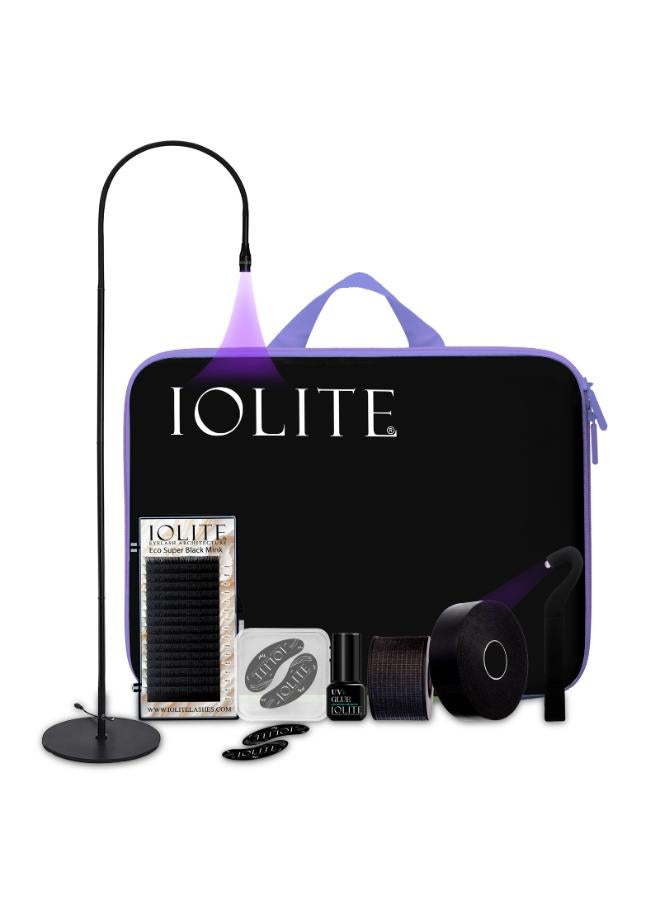 IOLITE طقم تمديد الرموش المصغر بتقنية UV نظام LED احترافي مع ملاقط ومصباح وغراء وشريط فوم أسود وسادات عيون قابلة لإعادة الاستخدام لفناني الرموش Iuvmk