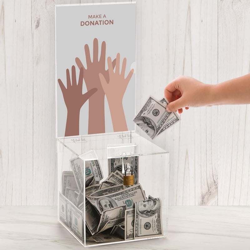 Youeon Square Acrylic Donation Box with Lock, 7 x 7 x 18 in Clear Suggestion Box with Slot and Lock, Ballot Tin with Sign Holder for Tip, Comment, Voting, Charity, Fundraising - Image 1