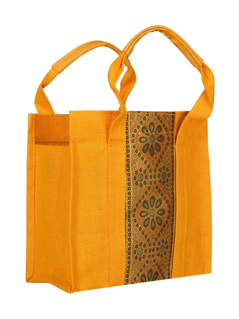 Jute Cottage Eco-Friendly Lunch & Grocery Bag for Men & Women | 10x10x6 in Yellow Plain Jute with Lace & Zip | Handcrafted Sustainable Tiffin & Carry Tote for Office, Travel, Daily Use - Image 1