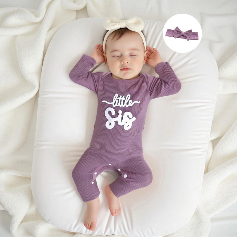 allshope Infant Baby Girl Fall Outfit Sweatshirt Romper Little Sister Lil Sis Long Sleeve Jumpsuit Newborn Clothes (Little Sis Purple, Newborn) - Image 2