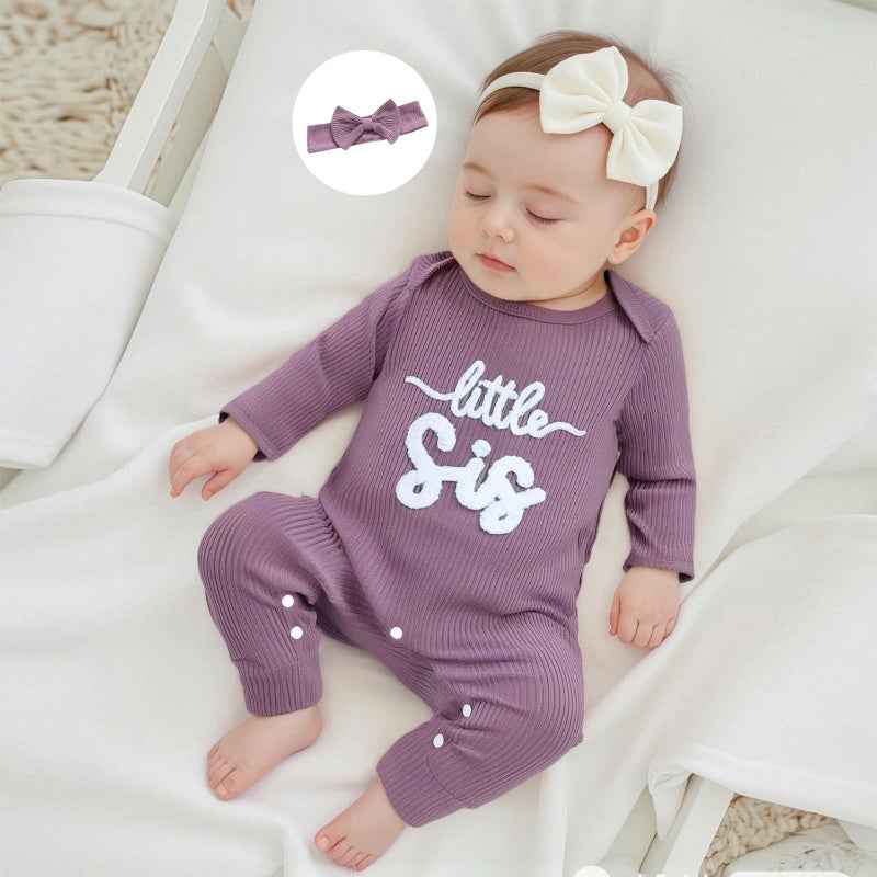 allshope Infant Baby Girl Fall Outfit Sweatshirt Romper Little Sister Lil Sis Long Sleeve Jumpsuit Newborn Clothes (Little Sis Purple, Newborn) - Image 5