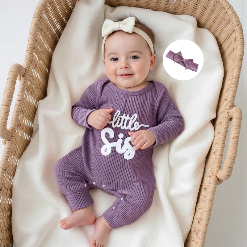 allshope Infant Baby Girl Fall Outfit Sweatshirt Romper Little Sister Lil Sis Long Sleeve Jumpsuit Newborn Clothes (Little Sis Purple, Newborn) - Image 4