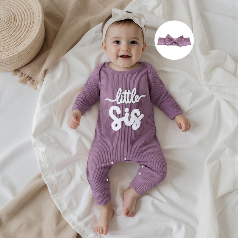 allshope Infant Baby Girl Fall Outfit Sweatshirt Romper Little Sister Lil Sis Long Sleeve Jumpsuit Newborn Clothes (Little Sis Purple, Newborn) - Image 3