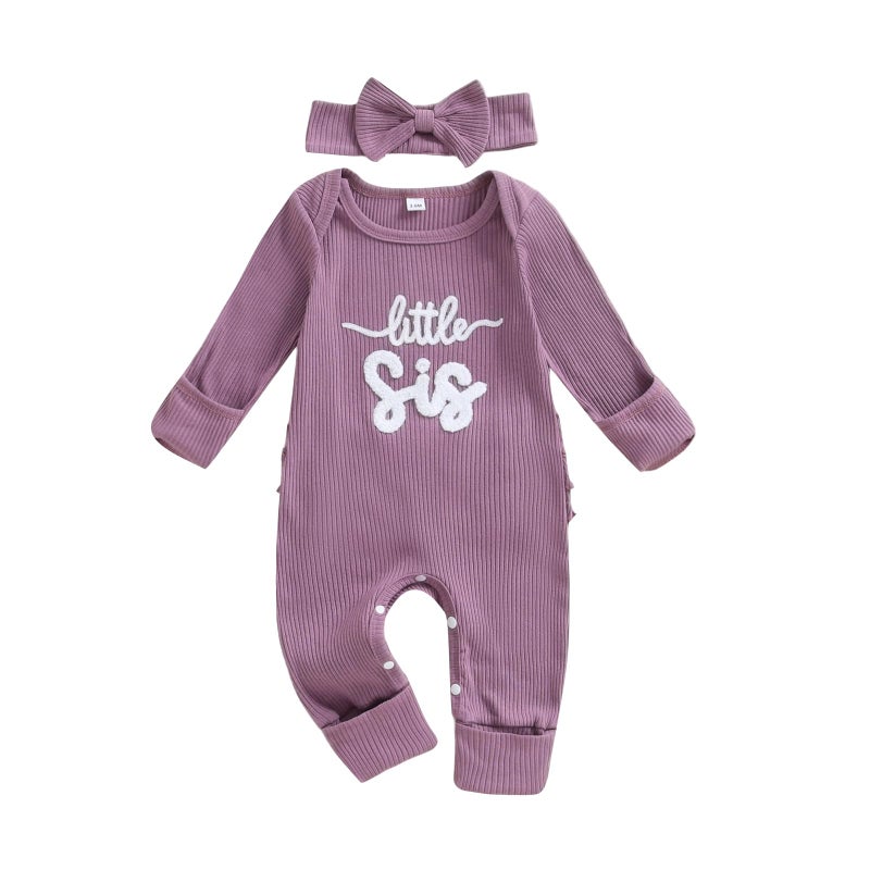 allshope Infant Baby Girl Fall Outfit Sweatshirt Romper Little Sister Lil Sis Long Sleeve Jumpsuit Newborn Clothes (Little Sis Purple, Newborn) - Image 1