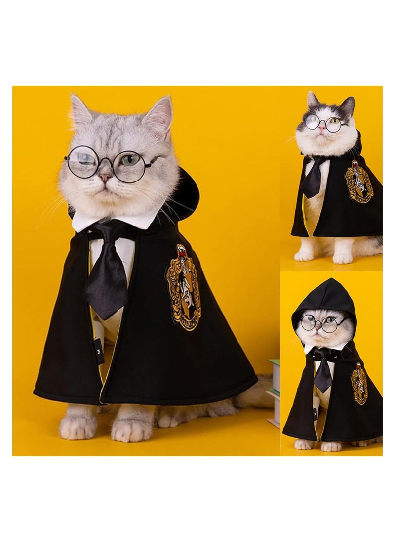Pet Costume Harry Potter Witchcraft Style, Dog Cat Cute Halloween Costumes Cape Cosplay Costume Set, Wizard Pet Clothes Apparel Soft Hoodies with Glasses Neckties, Yellow (Large Size) - Image 2