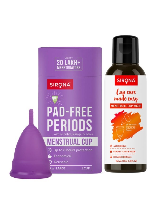 Sirona Reusable Menstrual Cup for Women - Large with pH Balanced Menstrual Cup Wash Liquid - 100 ml - Image 1