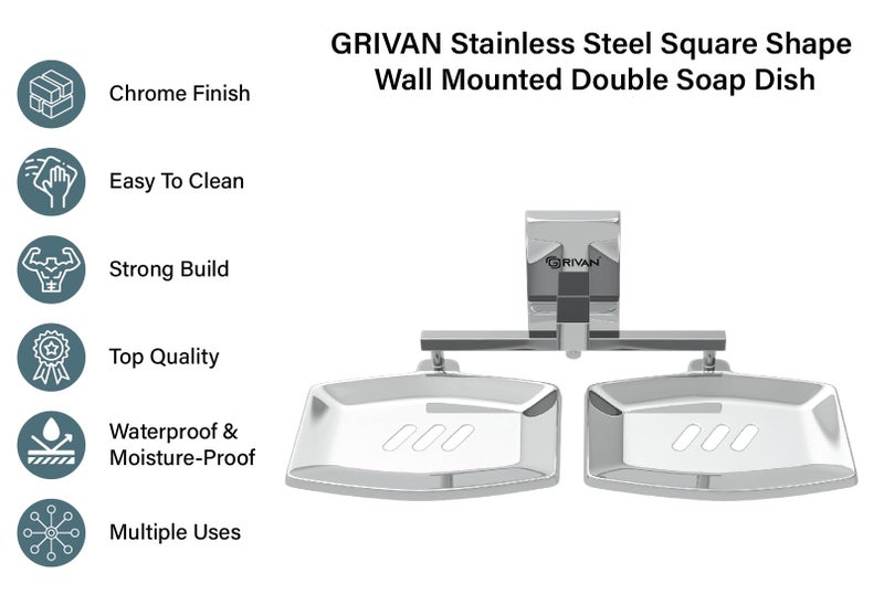 GRIVAN SS 304 Square Shape Wall Mounted Stainless Steel Double Soap Holder, Soap Stands, Soap Case, Soap Dish, Soap Tray for Bathroom Rust Free Chromed Finished - Image 2