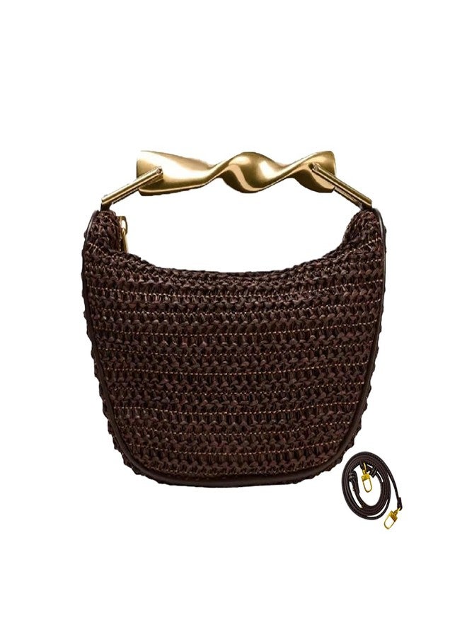 JYG Handmade Straw Crossbody Bags for Women Small Summer Satchel Purse Fashion Woven Shoulder Handbags with 2 Straps, Coffee, Fashion - Image 1