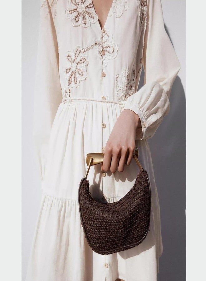 JYG Handmade Straw Crossbody Bags for Women Small Summer Satchel Purse Fashion Woven Shoulder Handbags with 2 Straps, Coffee, Fashion - Image 2