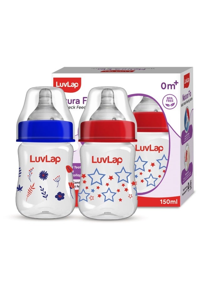 لوفلاب زجاجة رضاعة للأطفال من LuvLap، مضادة للمغص، ذات عنق عريض وتدفق طبيعي (Natura Flo)، سعة 150 مل (عبوة من قطعتين)، مناسبة للمواليد الجدد والرضع والأطفال الصغار حتى عمر 3 سنوات، تصميم "النجوم"، خالية من مادة BPA. - Image 1