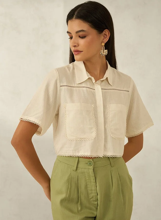Virgio VIRGIO Linen Cropped Boxy Fit Lace Shirt