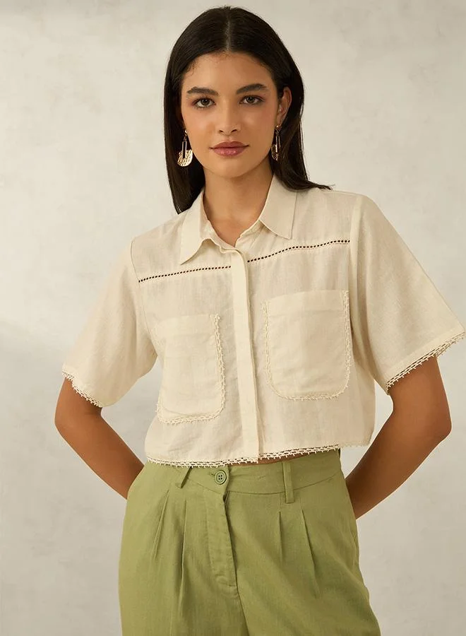Virgio VIRGIO Linen Cropped Boxy Fit Lace Shirt