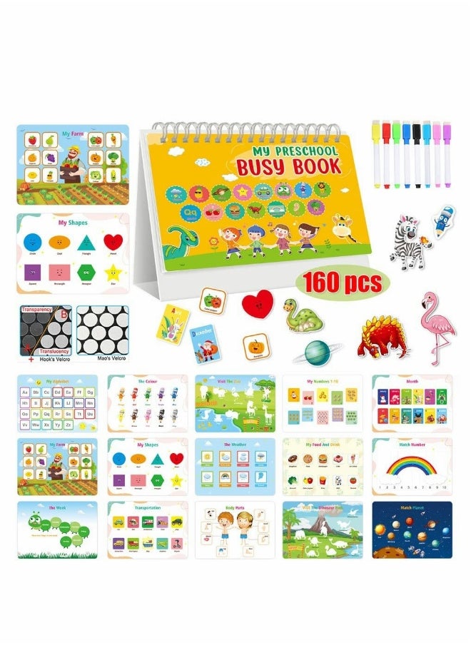 Toys for School Age Toddlers, Reusable Waterproof Busy Books, with 8 Brush Color Pens, Educational Learning Workbooks for Children Developing Fine Motor Skills 15 Topics (160 Pieces) 