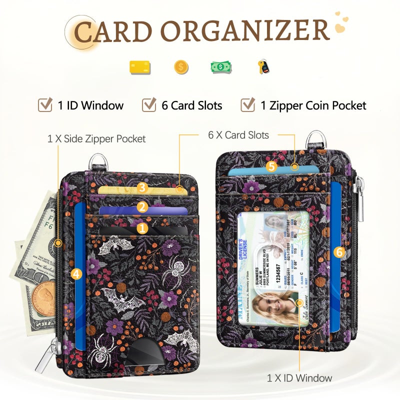 Kelvoris Goth Bat Spider Credit Card Holder Small Wallet Women, Gothic Slim RFID Blocking Wallet Woman Keychain with Zipper Coin Pocket, Front Pocket Thin Travel Card Case with ID Window Ladies Gifts - Image 3