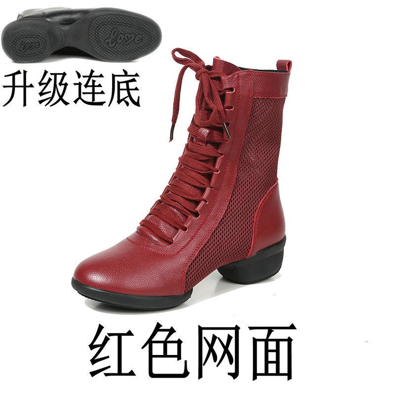 Generic 2023 Womens Sailor Dance Boots Soft Sole Autumn Winter Red mesh (with bottom)