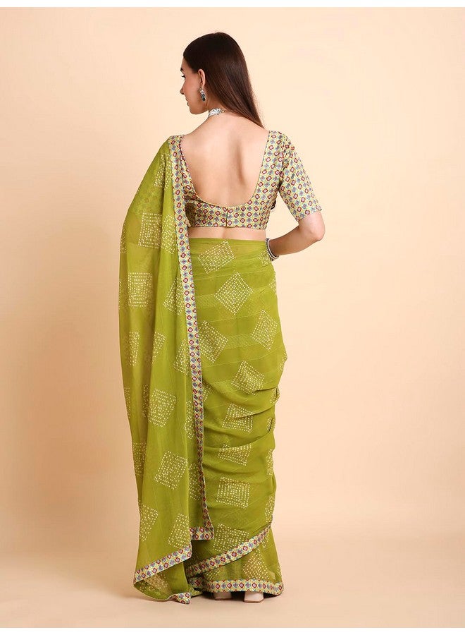 RATAN Women's Chiffon Bandhani Printed Saree with Unstitched Blouse Piece (FARW-BP-21919_Green) - Image 2