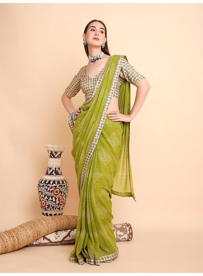 RATAN Women's Chiffon Bandhani Printed Saree with Unstitched Blouse Piece (FARW-BP-21919_Green) - Image 4