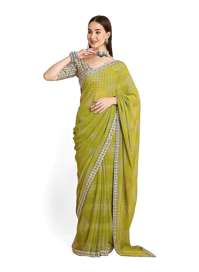 RATAN Women's Chiffon Bandhani Printed Saree with Unstitched Blouse Piece (FARW-BP-21919_Green) - Image 1