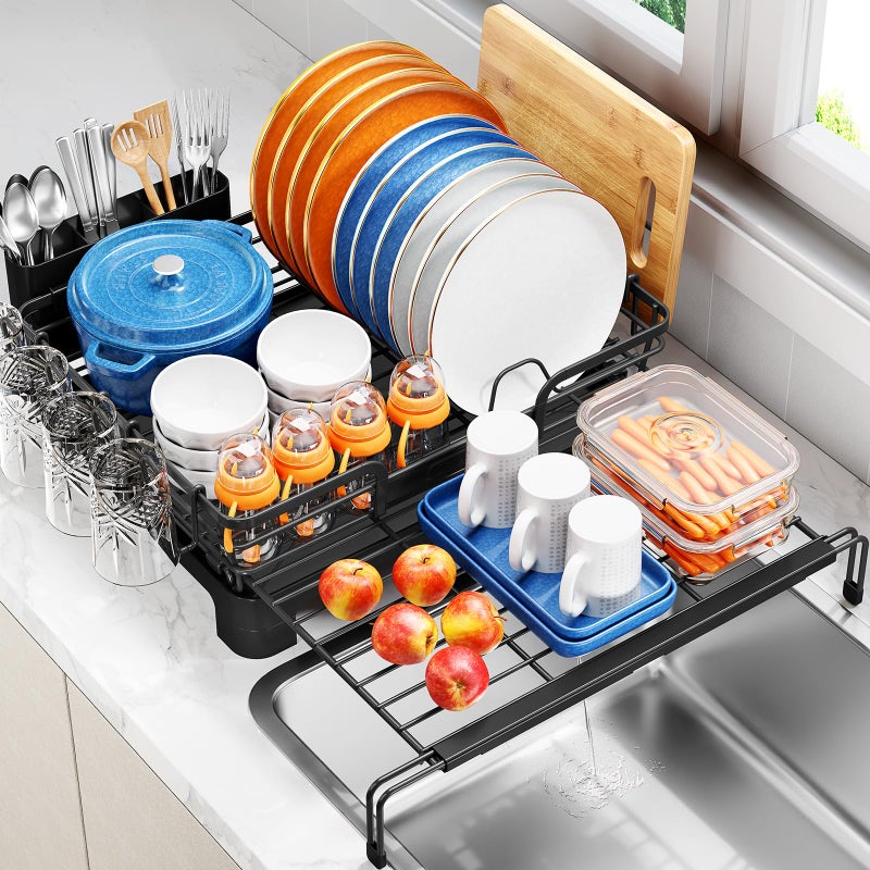 TOOLF Extendable Dish Drying Rack, 2 in 1 Multifunction Dish Rack for Kitchen Counter, Expandable Dish Drainer Over Sink, Large Plate Strainer with Drainboard & Cups Holder, Black - Image 1