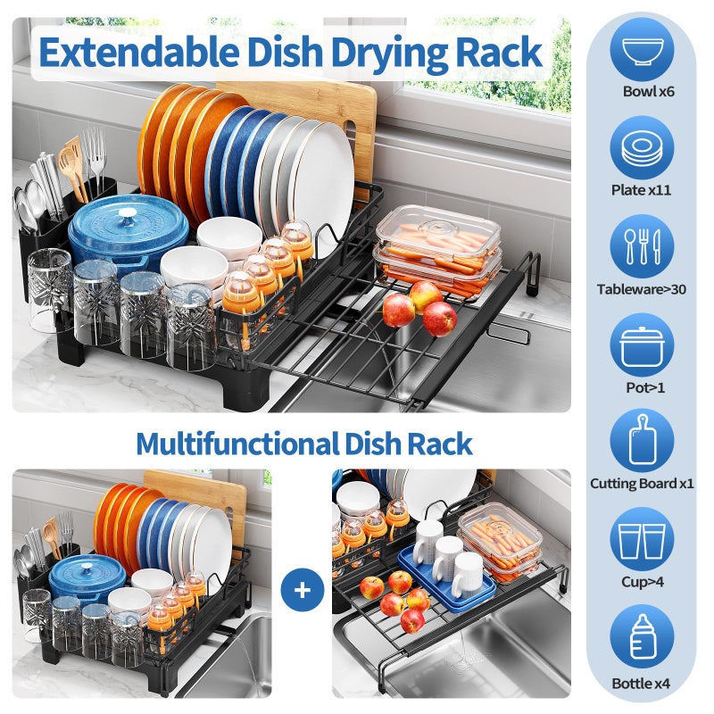 TOOLF Extendable Dish Drying Rack, 2 in 1 Multifunction Dish Rack for Kitchen Counter, Expandable Dish Drainer Over Sink, Large Plate Strainer with Drainboard & Cups Holder, Black - Image 2