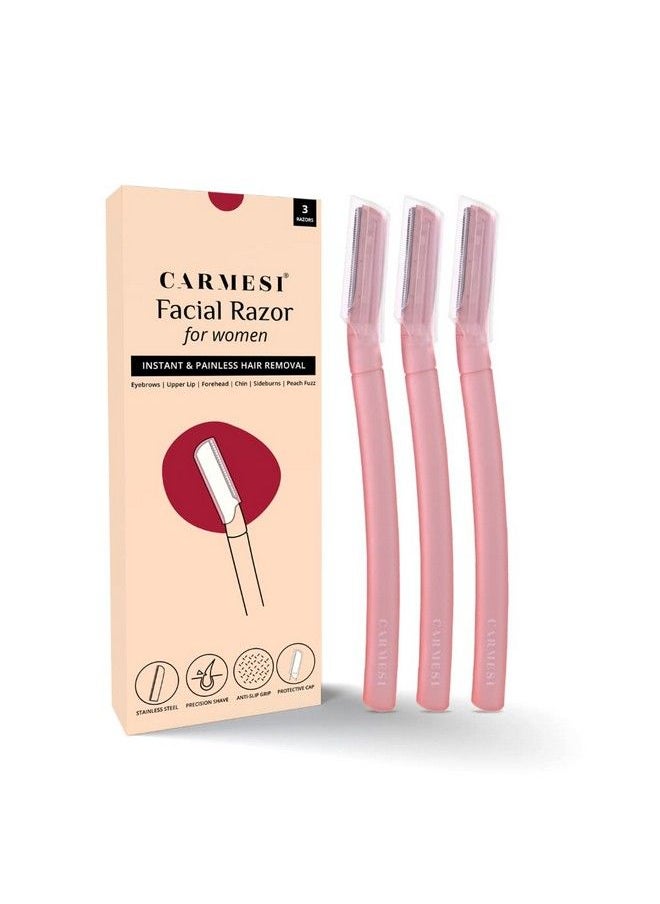 CARMESI Reusable Face Razor For Women Facial Hair 3 Razors ; Instant & Painless Hair Removal ; For Eyebrows Upper Lip Forehead Peach Fuzz Chin And Sideburns ; Dermaplaning Tool  - Image 2