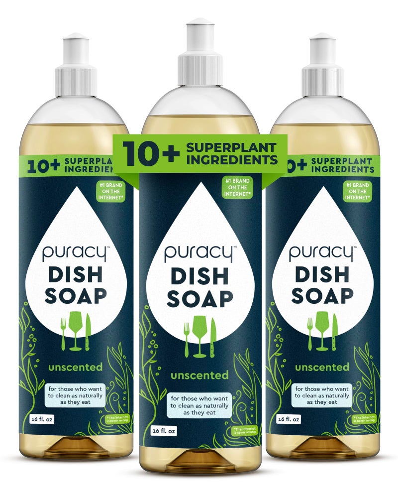 Puracy Natural Dish Soap Packs- Unscented Skin-Softening Plant-Based Dishwashing Soap, Non-Toxic Dish Soap, Fragance Free Organic Liquid Dishwashing Detergent Soap (Unscented, 16 fl oz, 3 Pack) - Image 1