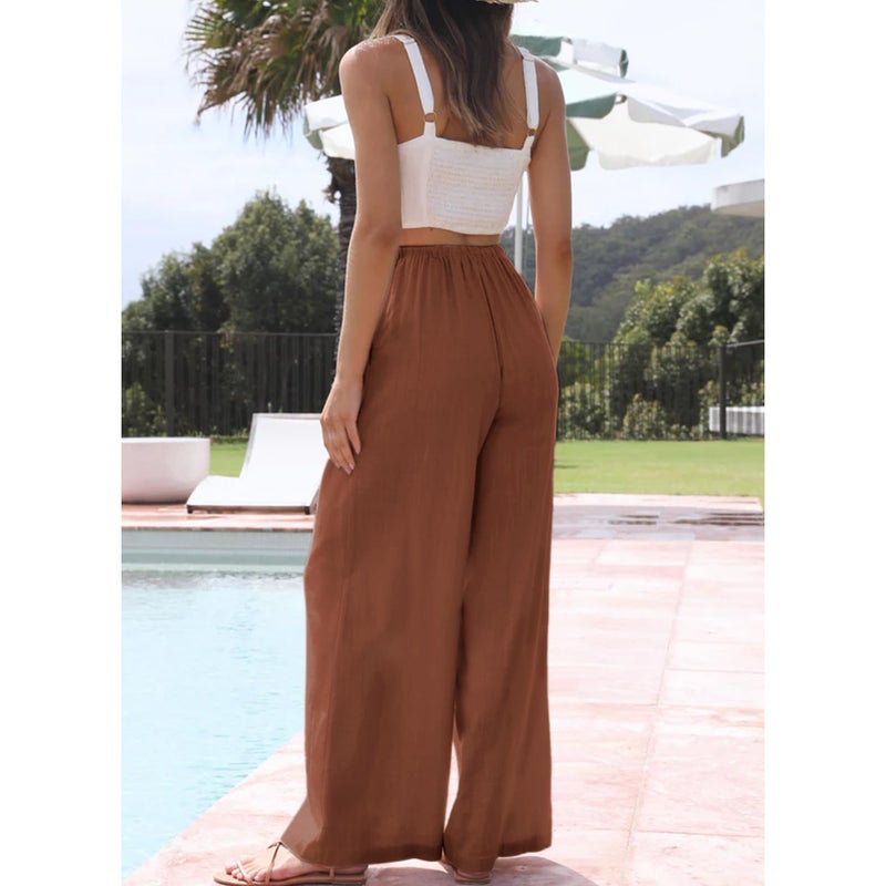 Duyang Womens Cotton Linen Palazzo Pants Drawstring Elastic Waist Casual Wide Leg Trousers with Pockets(Brick Red,M) - Image 2