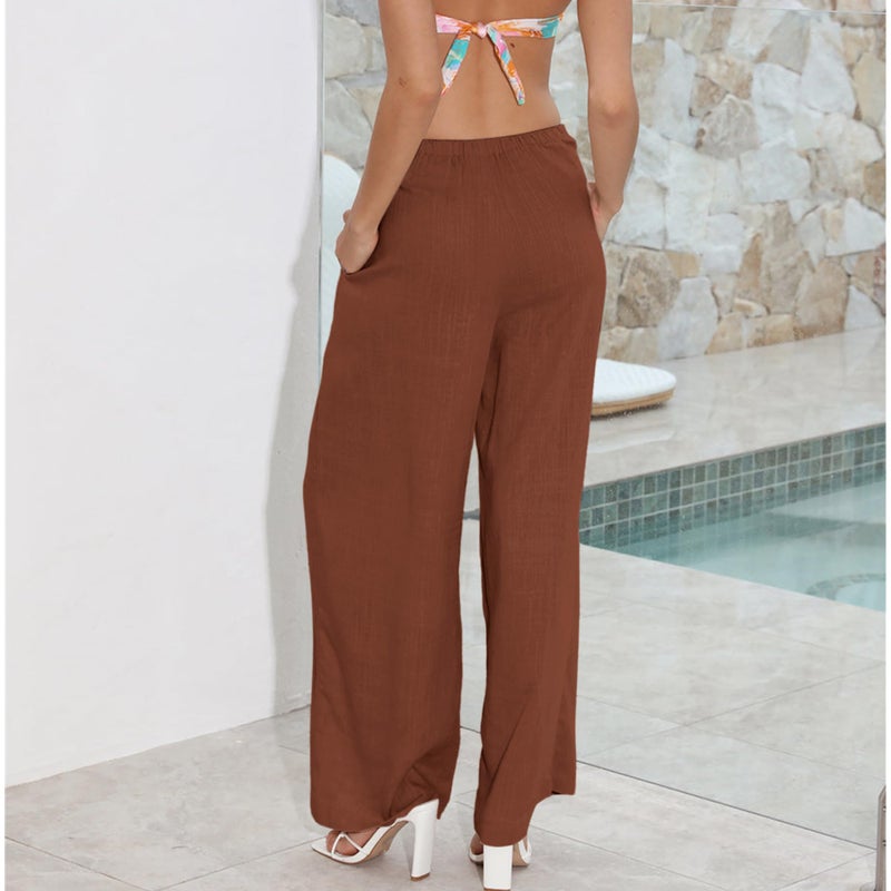 Duyang Womens Cotton Linen Palazzo Pants Drawstring Elastic Waist Casual Wide Leg Trousers with Pockets(Brick Red,M) - Image 4