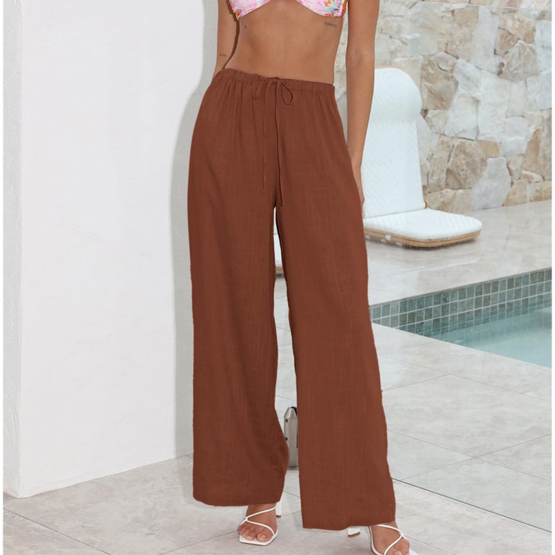 Duyang Womens Cotton Linen Palazzo Pants Drawstring Elastic Waist Casual Wide Leg Trousers with Pockets(Brick Red,M) - Image 5