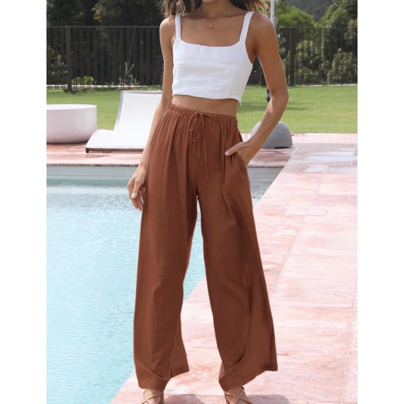 Duyang Womens Cotton Linen Palazzo Pants Drawstring Elastic Waist Casual Wide Leg Trousers with Pockets(Brick Red,M) - Image 3