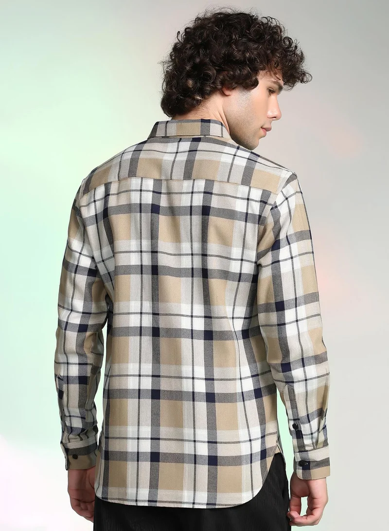 Campus Sutra Men's Sand Beige Shadow-Checkered Shirt