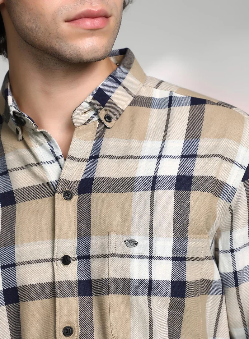 Campus Sutra Men's Sand Beige Shadow-Checkered Shirt