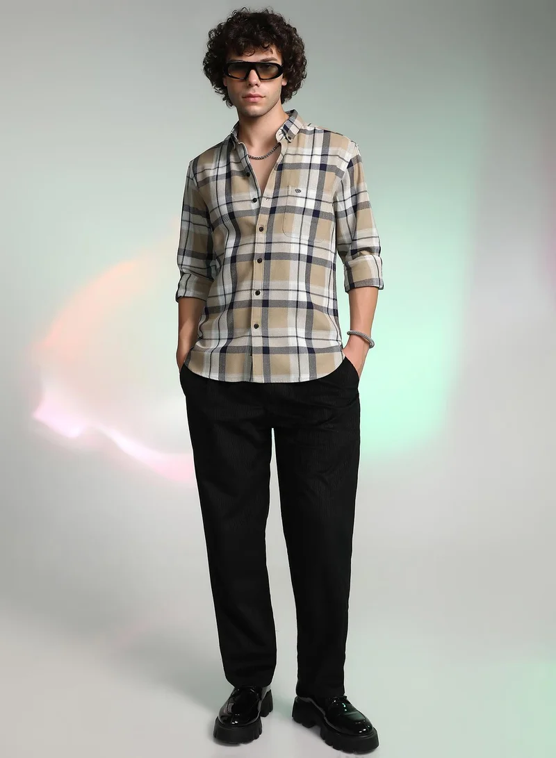 Campus Sutra Men's Sand Beige Shadow-Checkered Shirt
