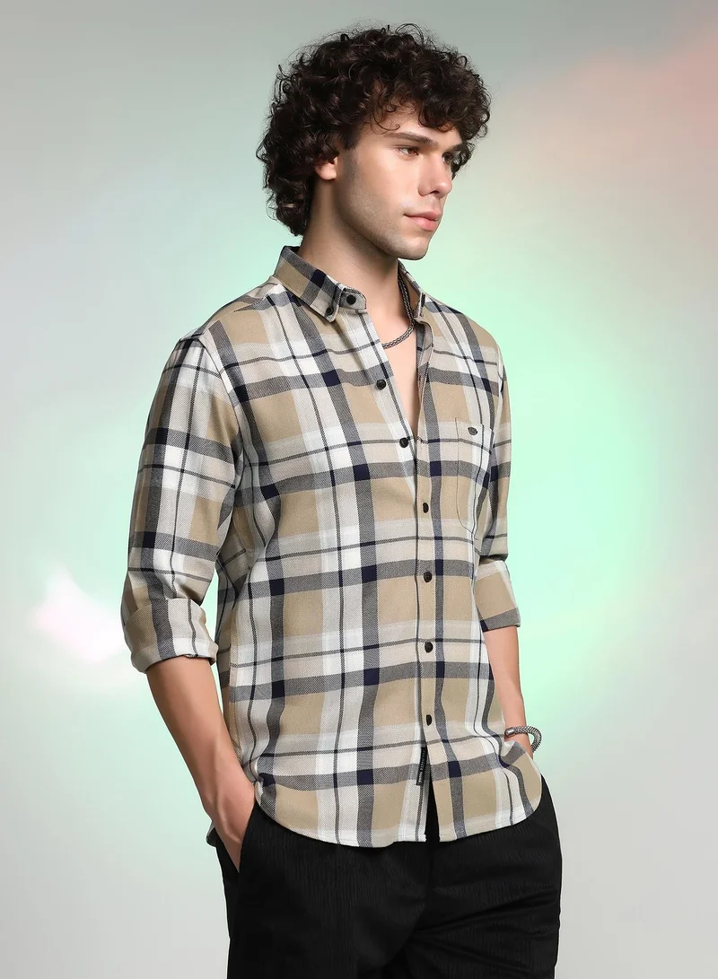 Campus Sutra Men's Sand Beige Shadow-Checkered Shirt