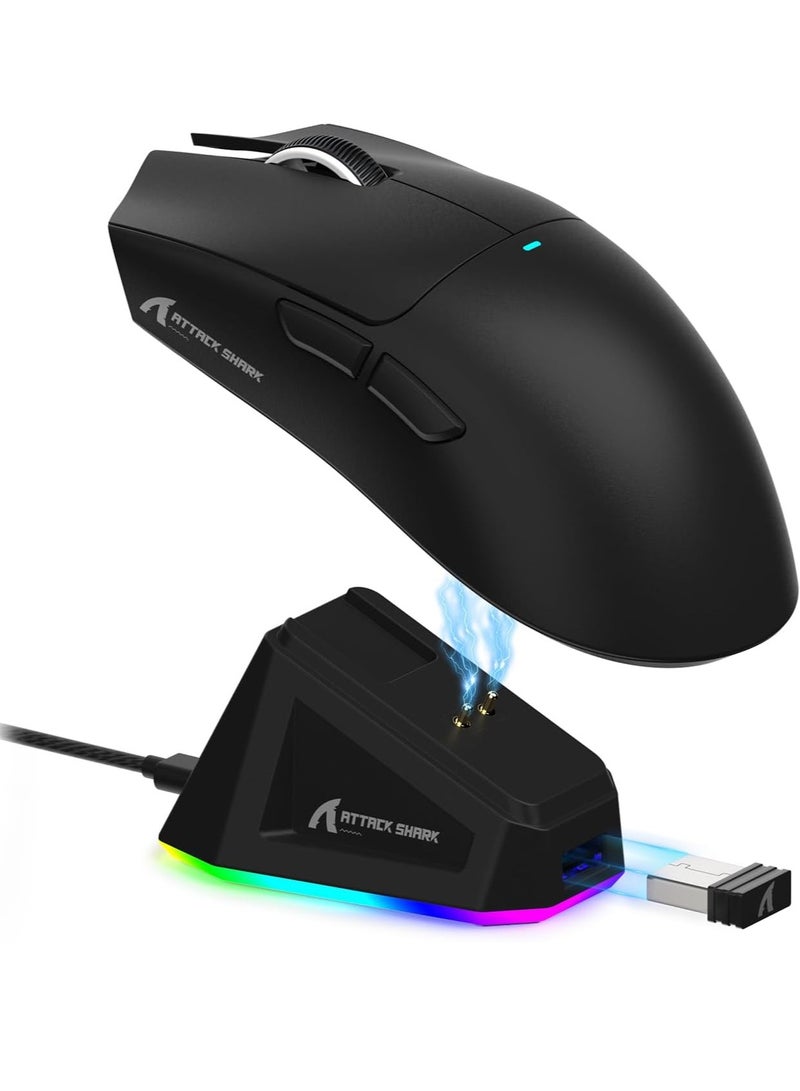 Attack Shark Ultra-light gaming mouse X11 weighing 63g, supports 3 connection modes (USB-C wired, Bluetooth 5.0, 2.4GHz wireless), high-precision PixArt 3311 sensor up to 22000 DPI, one-touch magnetic charging base with customizable RGB lighting, Huano buttons lasting up to 20 million clicks with smooth and fast performance, ergonomic and responsive design for gamers and designers, ideal for PC, Mac and multi tasking - black  - Image 1