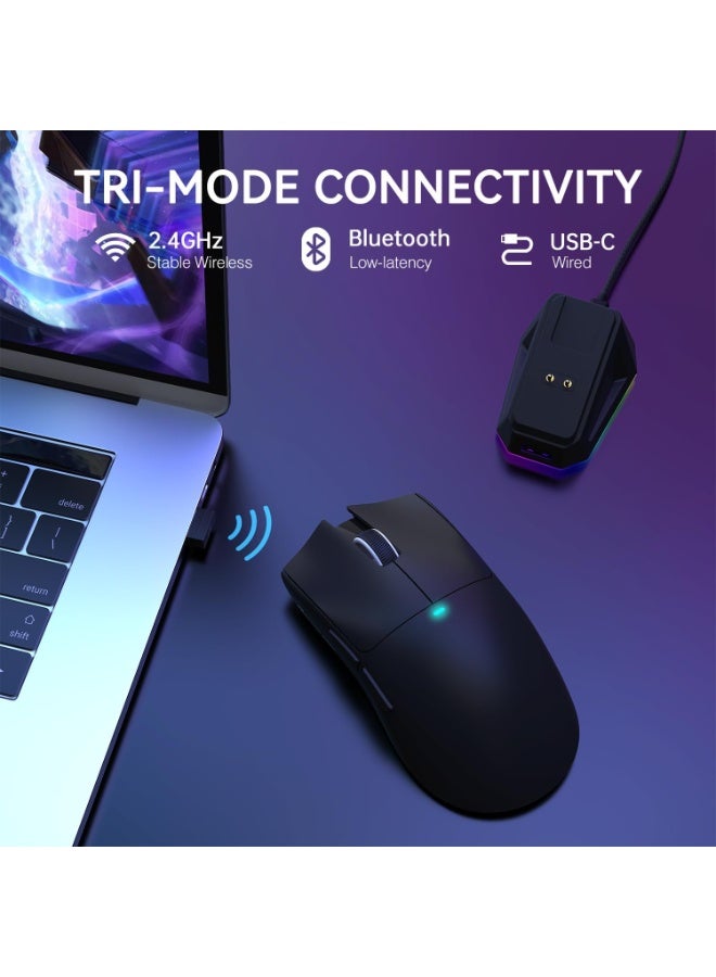 Attack Shark Ultra-light gaming mouse X11 weighing 63g, supports 3 connection modes (USB-C wired, Bluetooth 5.0, 2.4GHz wireless), high-precision PixArt 3311 sensor up to 22000 DPI, one-touch magnetic charging base with customizable RGB lighting, Huano buttons lasting up to 20 million clicks with smooth and fast performance, ergonomic and responsive design for gamers and designers, ideal for PC, Mac and multi tasking - black  - Image 4