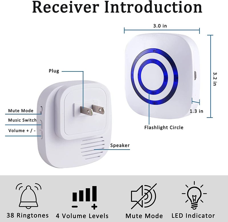 BESTOONE Motion Sensor Alarm, Long Range Wireless Driveway Alarm, Indoor Home Security System Electric Doorbells, 4 Motion Detector and 2 Alarm, 38 Chime Tunes, LED Indicator - Image 2