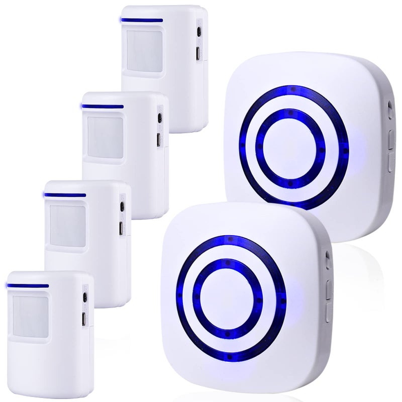 BESTOONE Motion Sensor Alarm, Long Range Wireless Driveway Alarm, Indoor Home Security System Electric Doorbells, 4 Motion Detector and 2 Alarm, 38 Chime Tunes, LED Indicator - Image 1