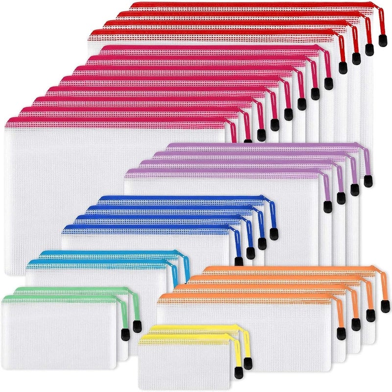 EOOUT 30pcs Mesh Zipper Pouch Bags, 8 Sizes Plastic Bags, 8 Colors Waterproof Pouches with slide fastener for Organization, Multipurpose for Travel, School Supplies, Office and Home Organization - Image 1