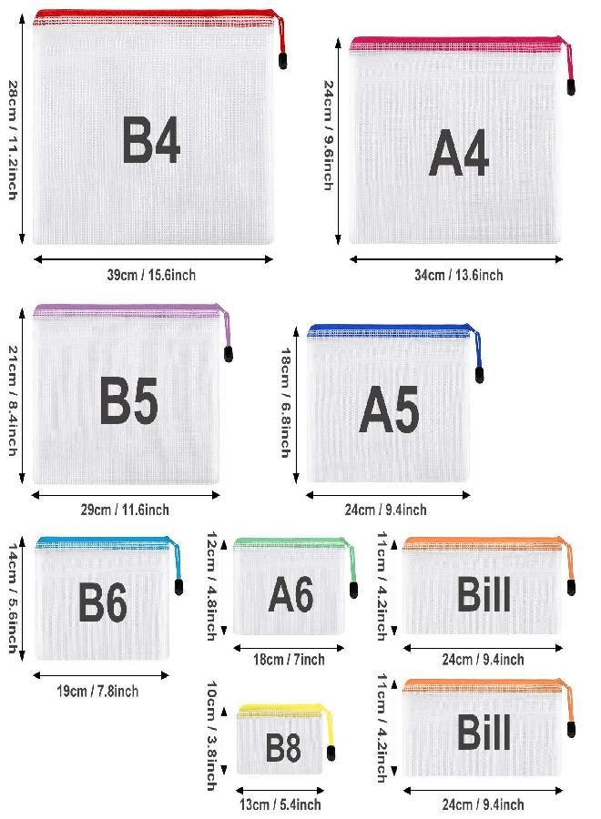 EOOUT EOOUT 30pcs Mesh Zipper Pouch, Waterproof Zipper Bags, 8 Sizes Waterproof Plastic Document Pouch, 8 Colors, Multipurpose for Travel Storage, Office Appliances and Home Organize