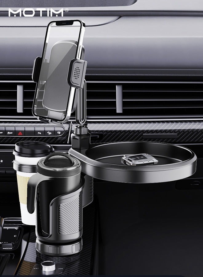 Motim Car Cup Holder Phone Mount, 4-in-1 Adjustable Food Table Tray, Car Cup Holder Expander with 360° Rotatable Phone Holder, Extra Beverage Cup Holder,  Adjustable Cup Holder Base for Stability, Compatible with Most Smart Phones - Image 1