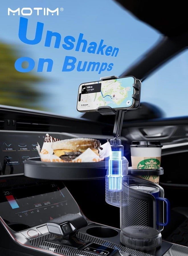 Motim Car Cup Holder Phone Mount, 4-in-1 Adjustable Food Table Tray, Car Cup Holder Expander with 360° Rotatable Phone Holder, Extra Beverage Cup Holder,  Adjustable Cup Holder Base for Stability, Compatible with Most Smart Phones - Image 2