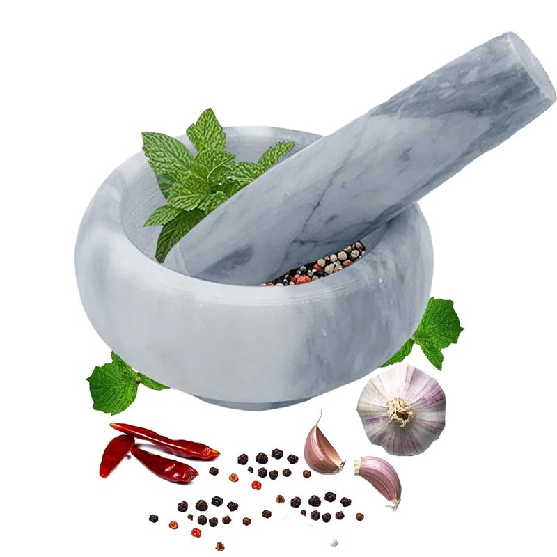 Hibucuo Marble Mortar and Pestle Set, Small 3.5 Inches Grinder Bowl for Guacamole,Pestos Seasonings Pastes, Salsa, Pills Crusher, Spice, Herb, Garlic, Nut, Heavy Duty Grinder (GrayWhite, Size 1) - Image 1
