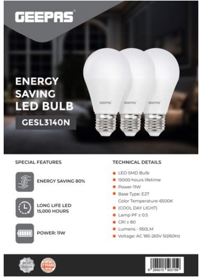 GEEPAS Advanced 3-Pack E27 LED Bulbs (11W), Energy-Saving, Long-Lifespan & High-Efficiency Illumination  - Image 1
