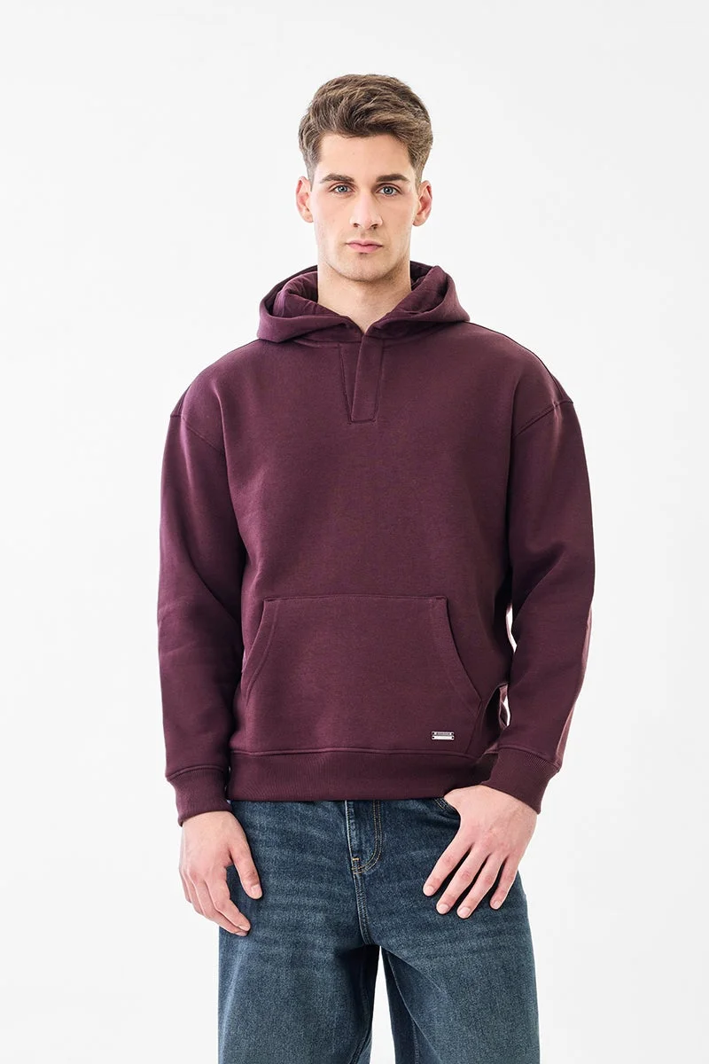 سنيتش Burgundy Solid Long Sleeve Oversized Streetwear Hoodie