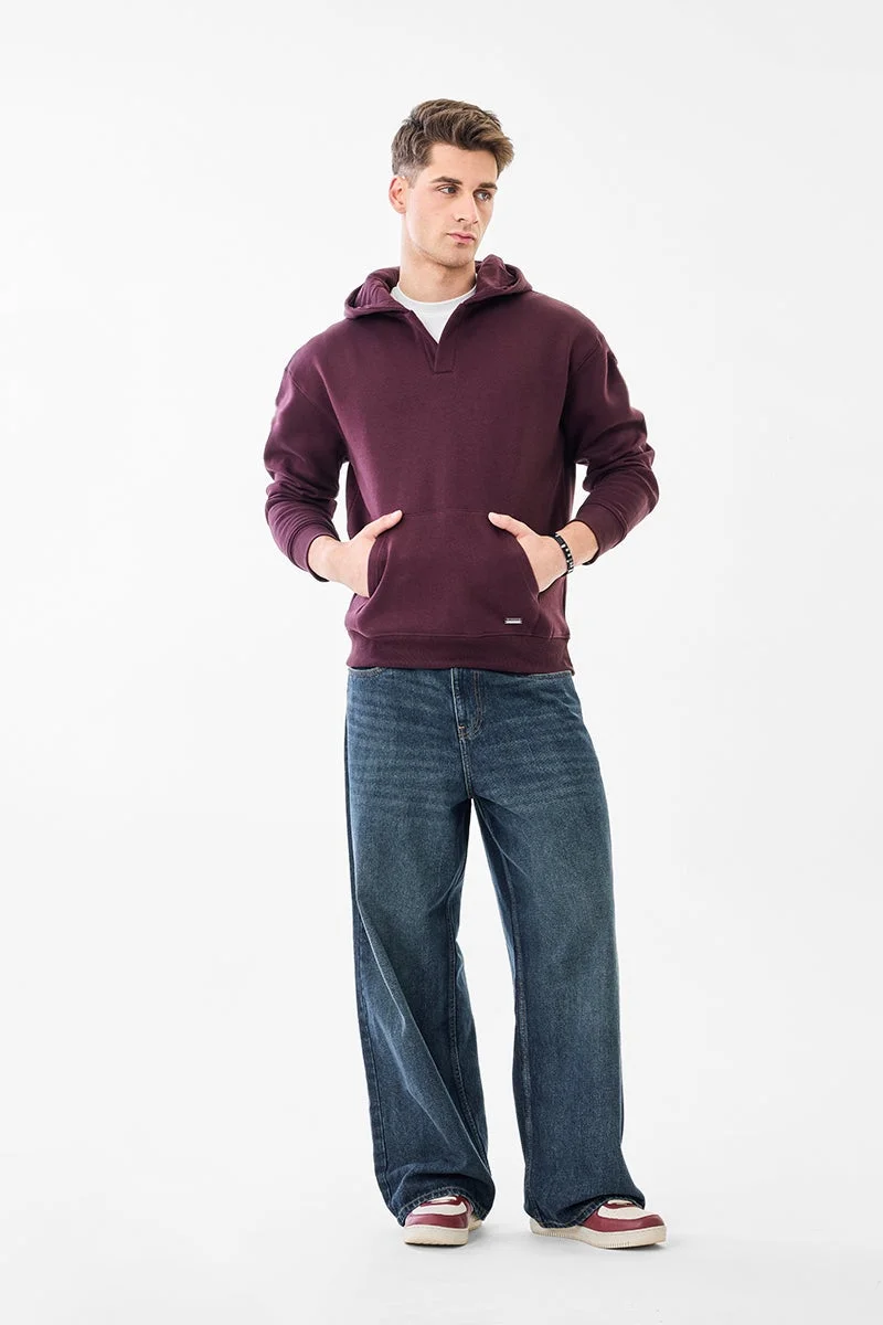 سنيتش Burgundy Solid Long Sleeve Oversized Streetwear Hoodie