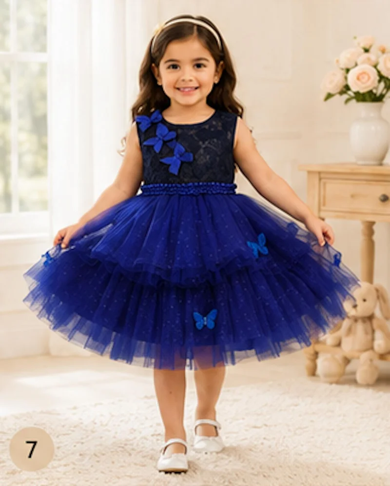 أرتيميا Artemea Toddler Girls Bow Embellished Layered Mesh Fit & Flare Party Dress - Royal Blue